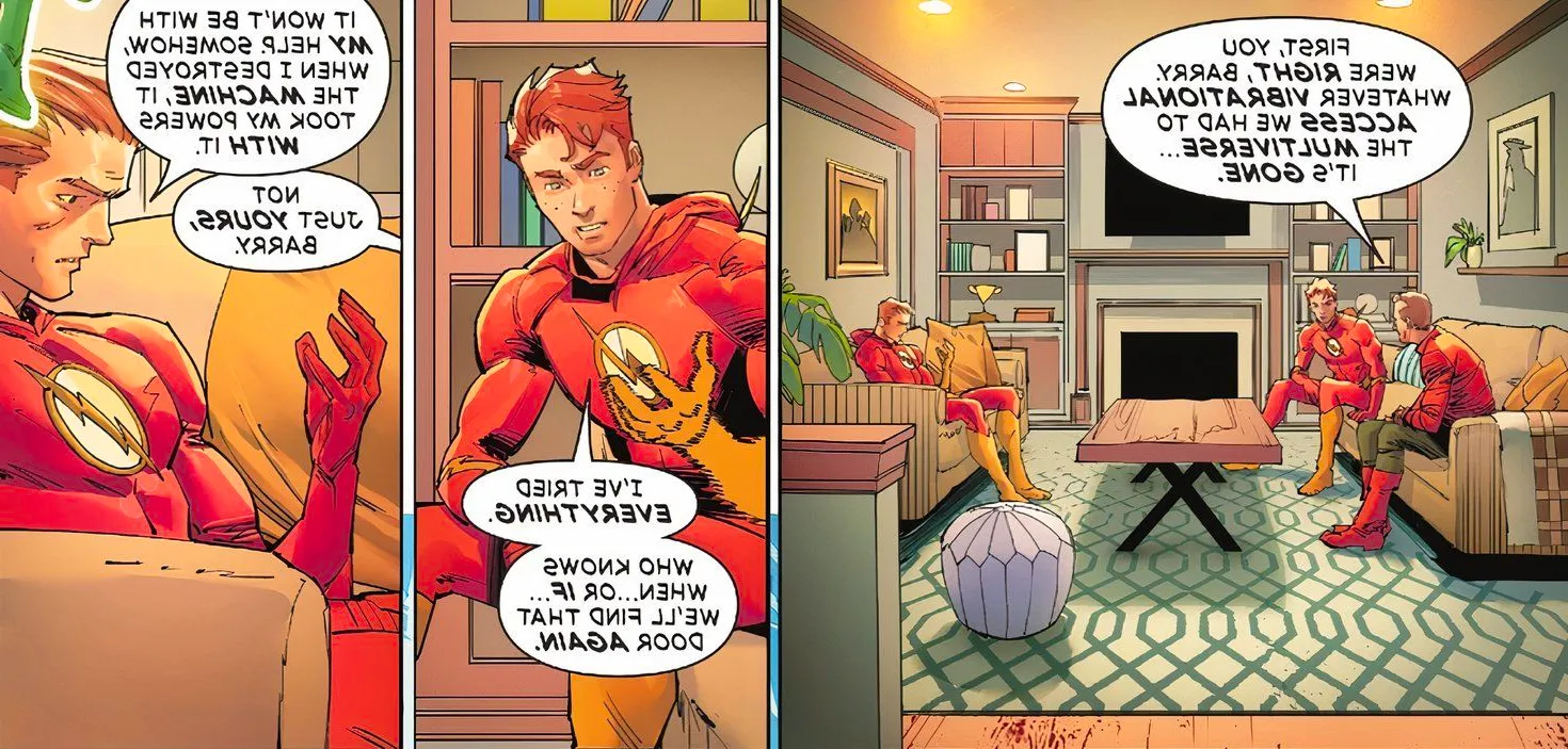 The three Flashes discuss how their access to the multiverse is gone, and Barry Allen reveals that he's lost his powers completely Image