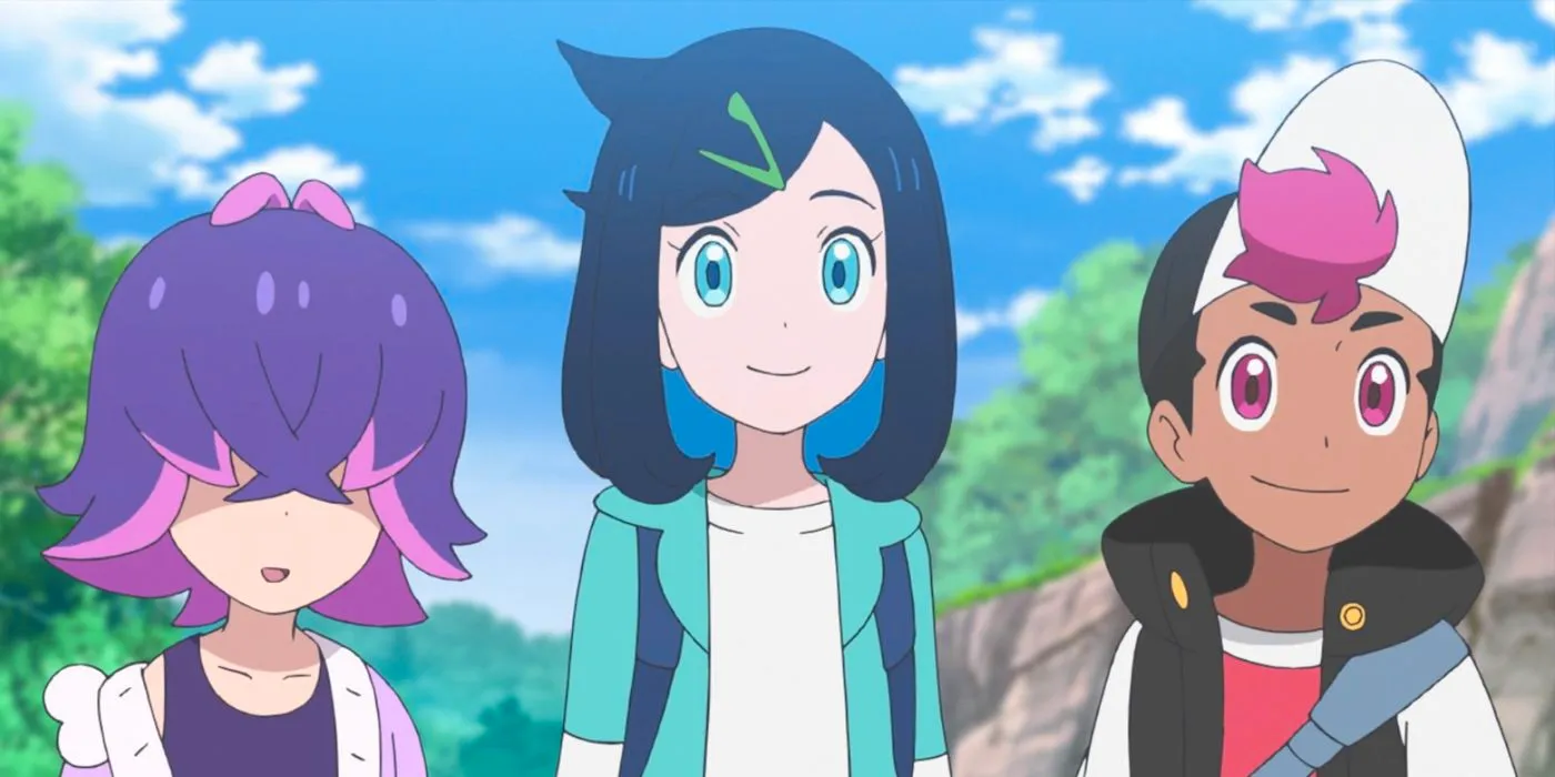 The three main protagonists of Pokemon Horizons, Liko, Dot, and Roy. Image