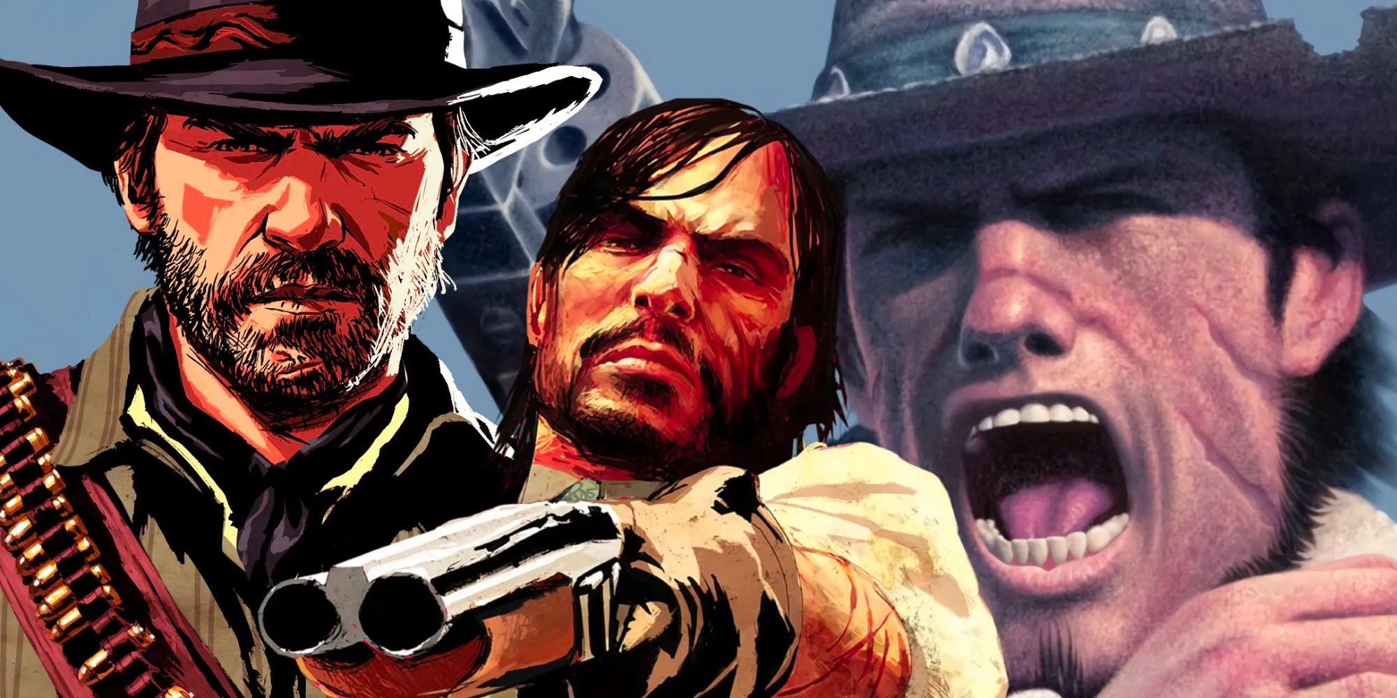 The three protagonists of the Red Dead series - Red Harlow from Revolver, yelling and firing a revolver; John Marston from Redemption, pointing a sawed off shotgun; and Arthur Morgan, staring straight ahead. Image