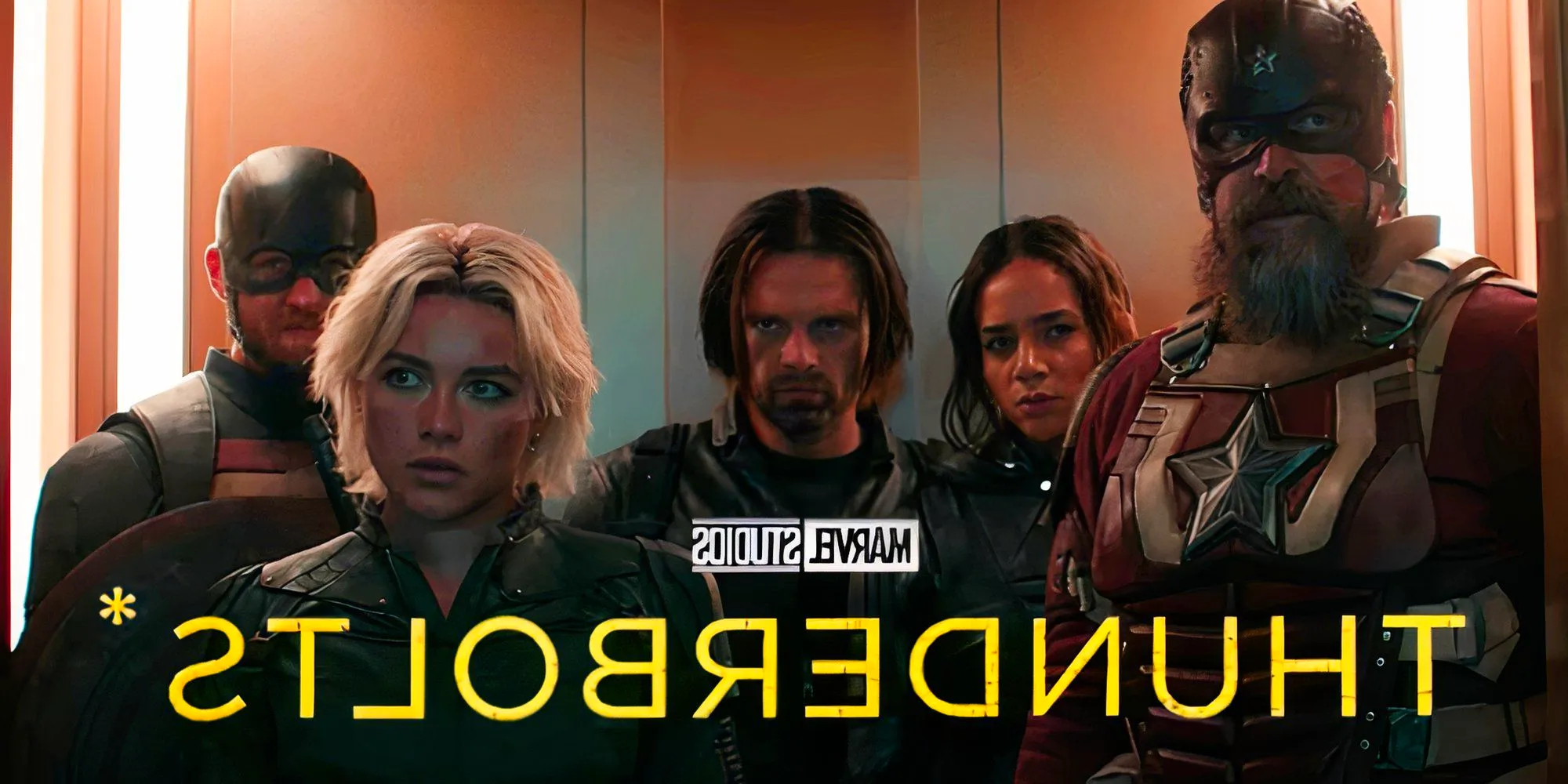 The title card for Thunderbolts* (2025) in front of footage of the titular team standing in an elevator Image