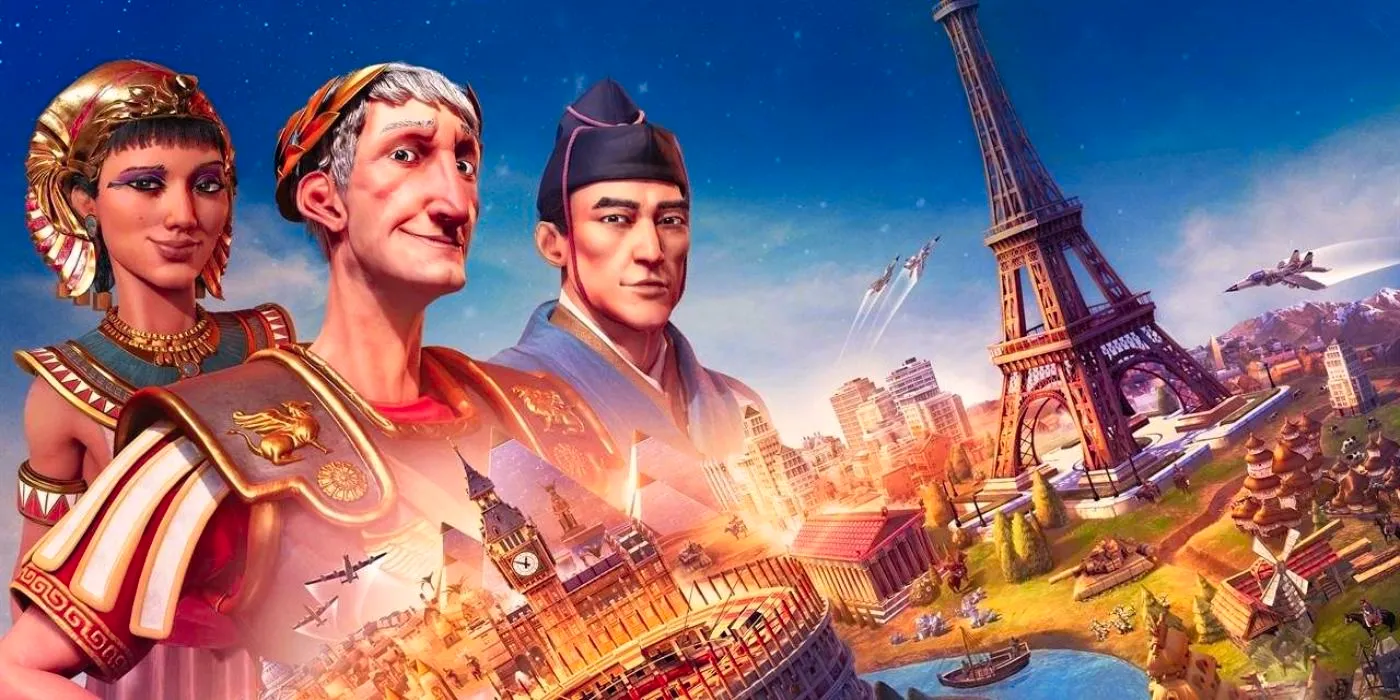 The title screen from Civilization 6, featuring three world leaders and the Eiffel Tower Image