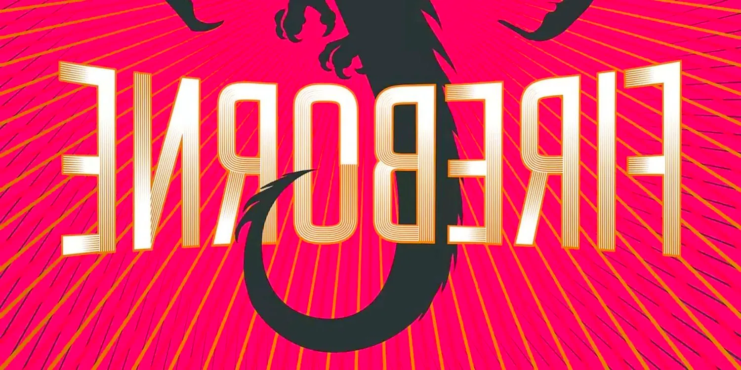 The title text of Fireborne with a dragon's tail and red and gold background Image