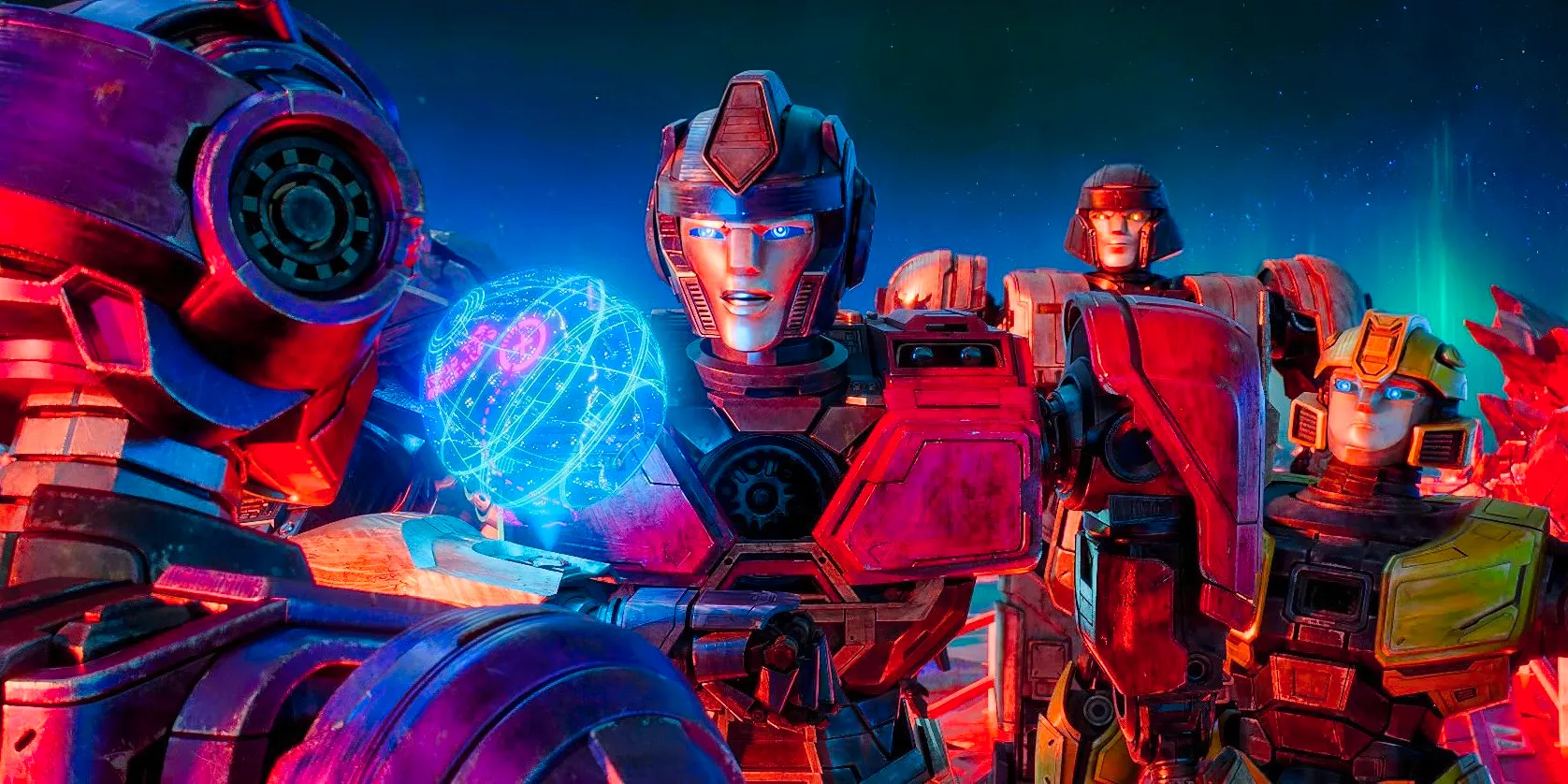 The Transformers observing a map of a planet in a hologram in Transformers One Image