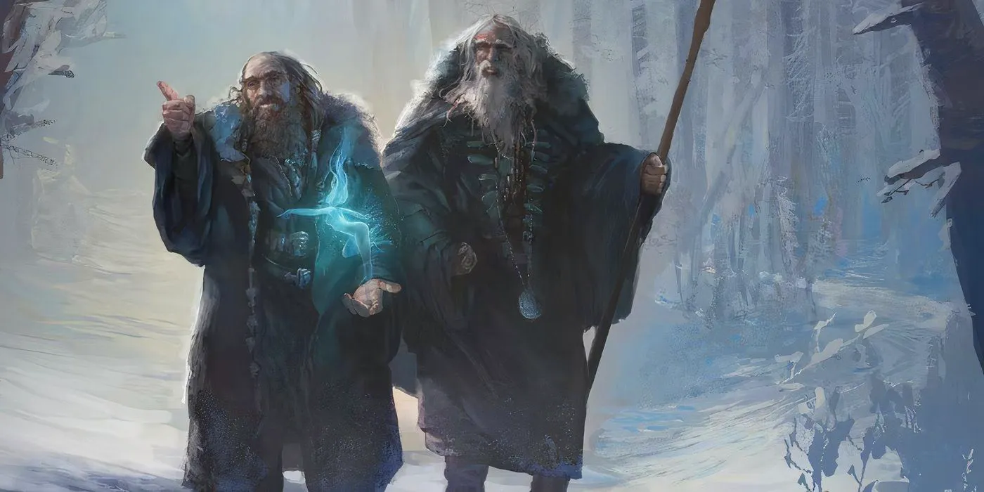 The two blue wizards walk side by side in a snowy forest in a painted illustration of The Lord of the Rings Image