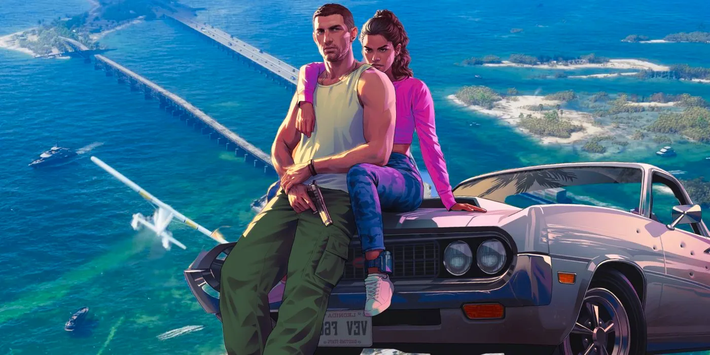 The two protagonists from GTA 6 leaning on the hood of a car with the ocean behind them Image