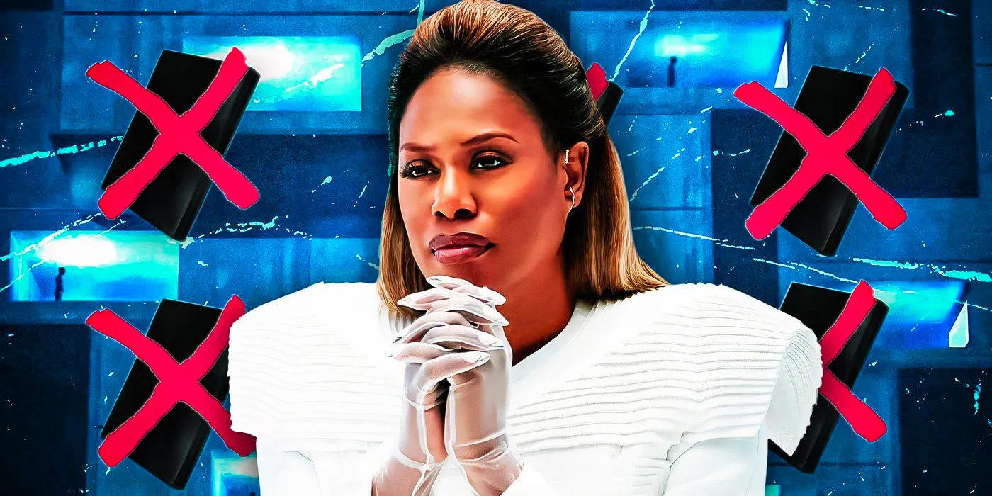 The Uglies movie's Dr. Cable (Laverne Cox) folds her hands and looks serious with banned book imagery behind her. Image