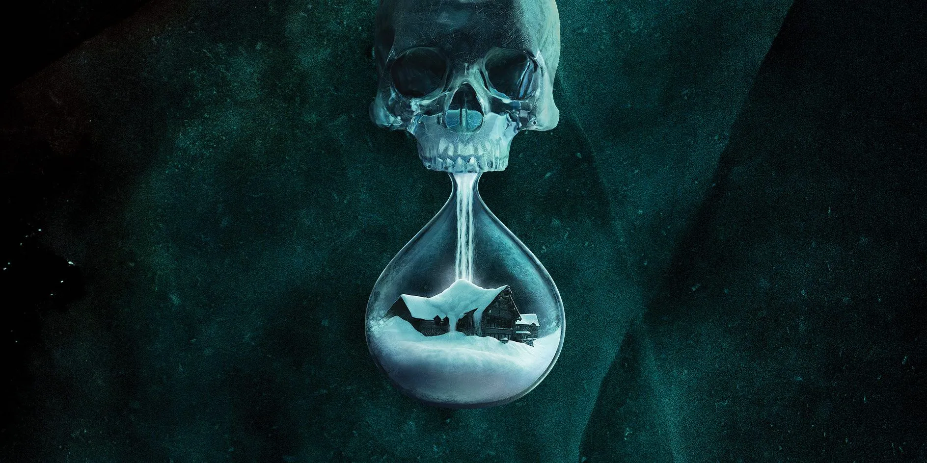 The Until Dawn poster featuring a skull like hourglass with a cabin at the bottom Image