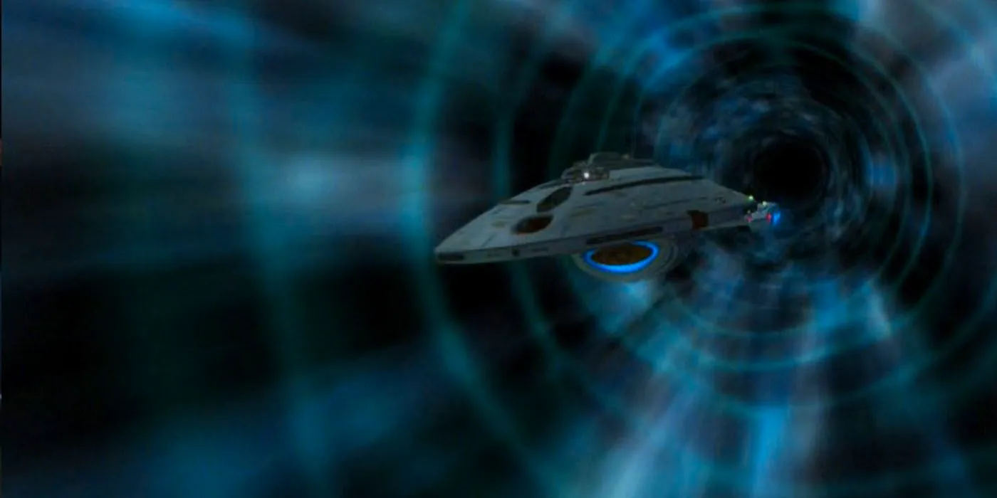 The USS Voyager flies through the Quantum Slipstream tunnel in the Star Trek: Voyager episode 