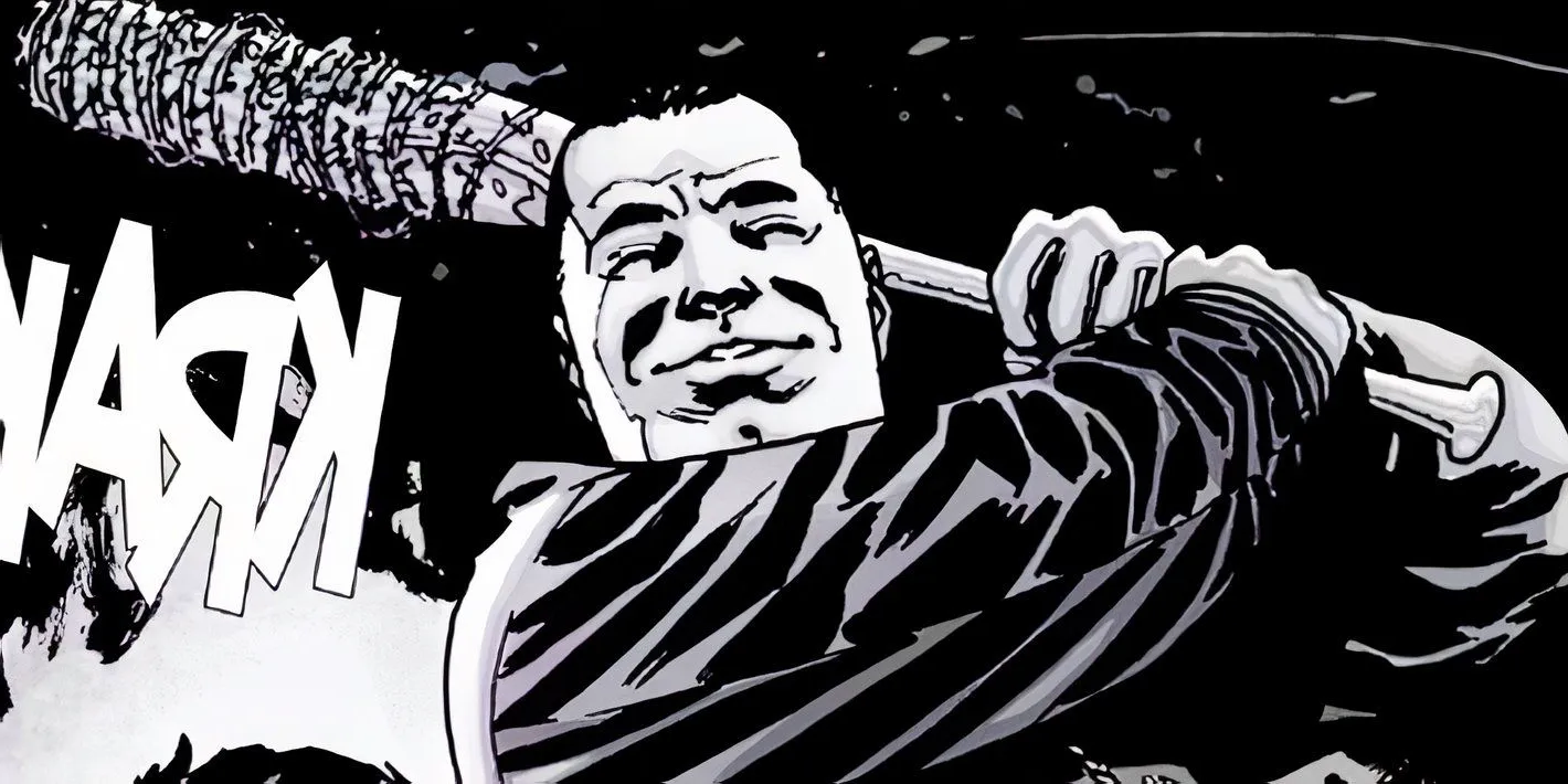 The Walking Dead, Negan, with a disturbingly serene smile on his face, bashes Glenn's head in with Lucille Image