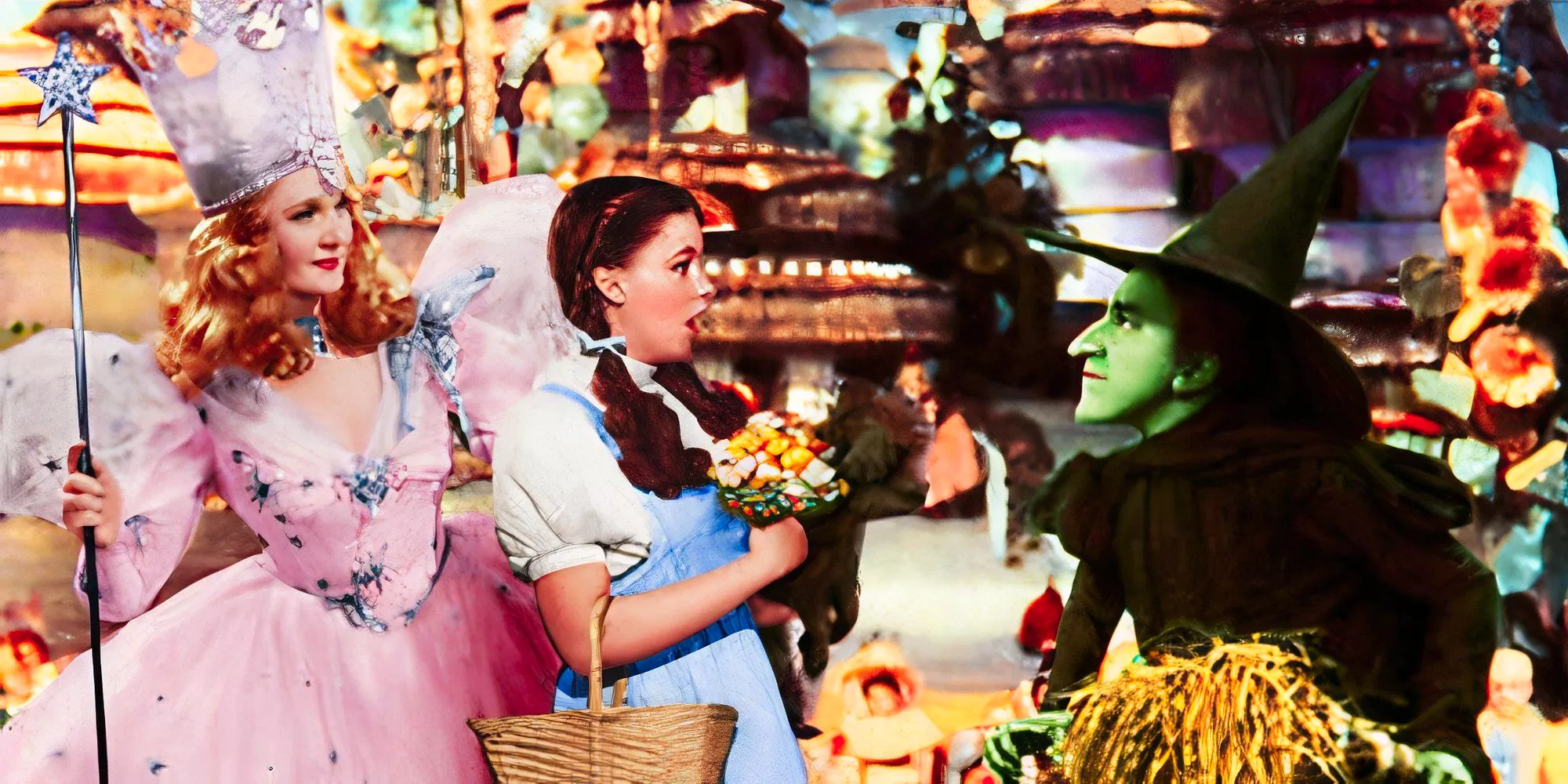 The Wicked Witch threatening Dorothy with Glinda present in Munchkinland in The Wizard Of Oz Image