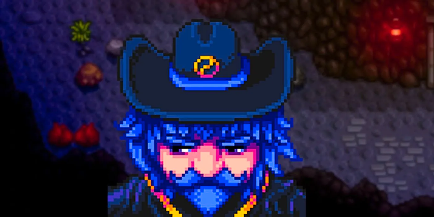 The wizard smiles, overlaid atop a screenshot of the mines from Stardew Valley. Image