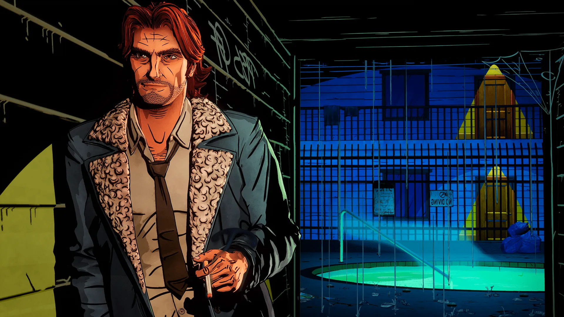 The Wolf Among Us main character leaning on a wall with a blue lit alleyway behind him Image