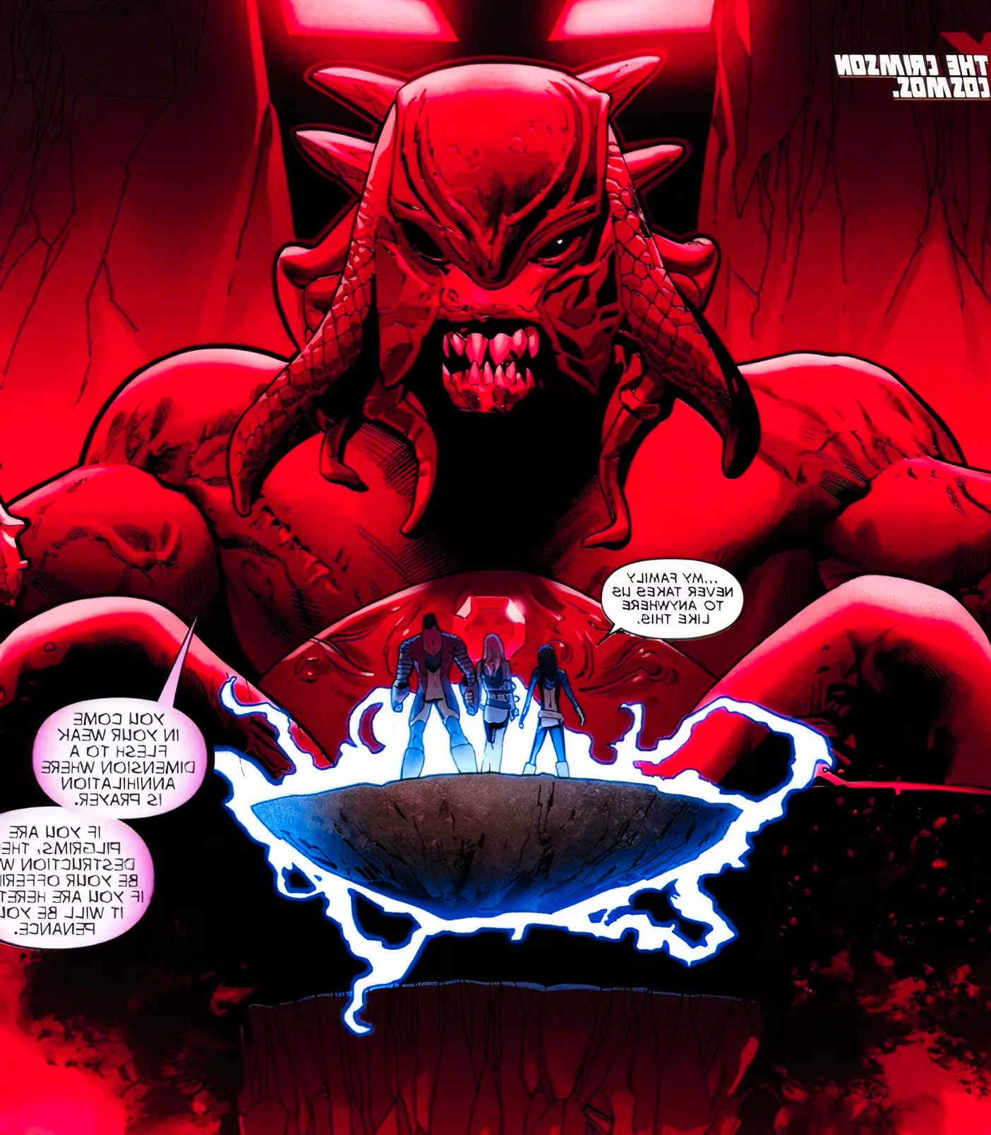 The X-Men look tiny in comparison to Cytorrak as they confront him in his realm. Image