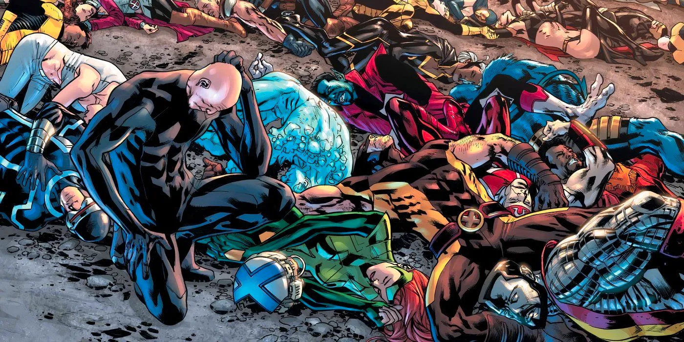 The X-Men lying dead on a beach with Professor X kneeling over them. Image