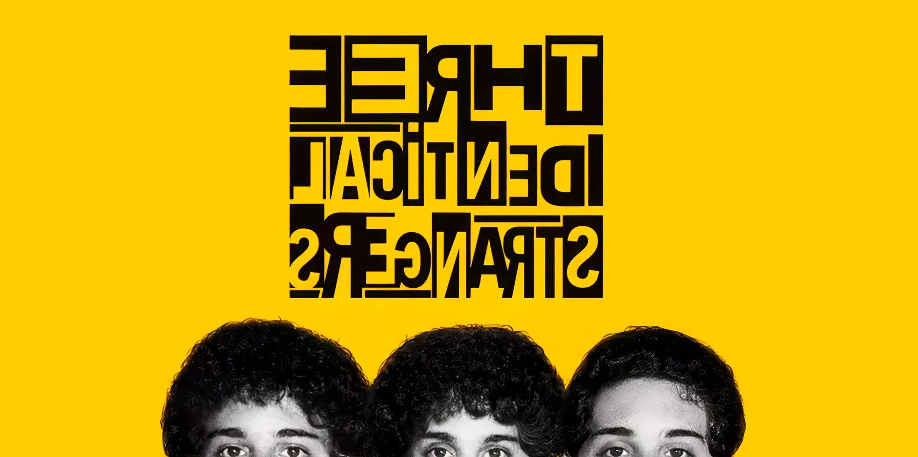 The yellow titlecard for the documentary Three Identical Strangers Image