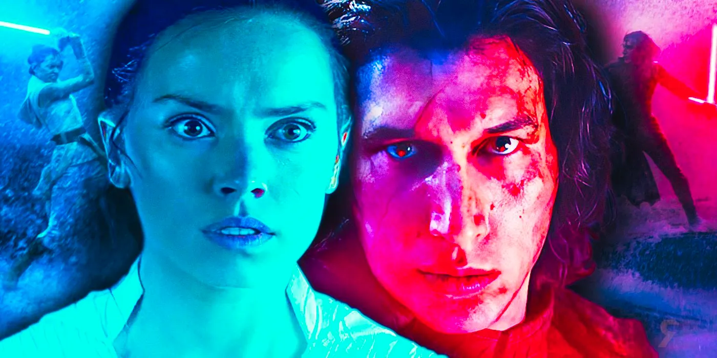 Thhe faces of Rey and Kylo Ren, with them dueling in the background Image