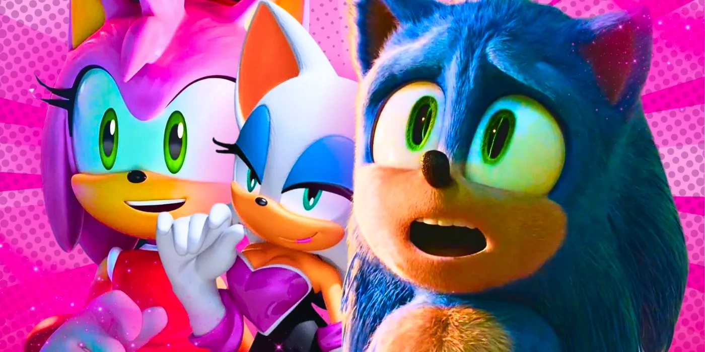 This collage shows Sonic looking shocked next to Rouge the Bat and Amy Rose from the Sonic franchise. Image