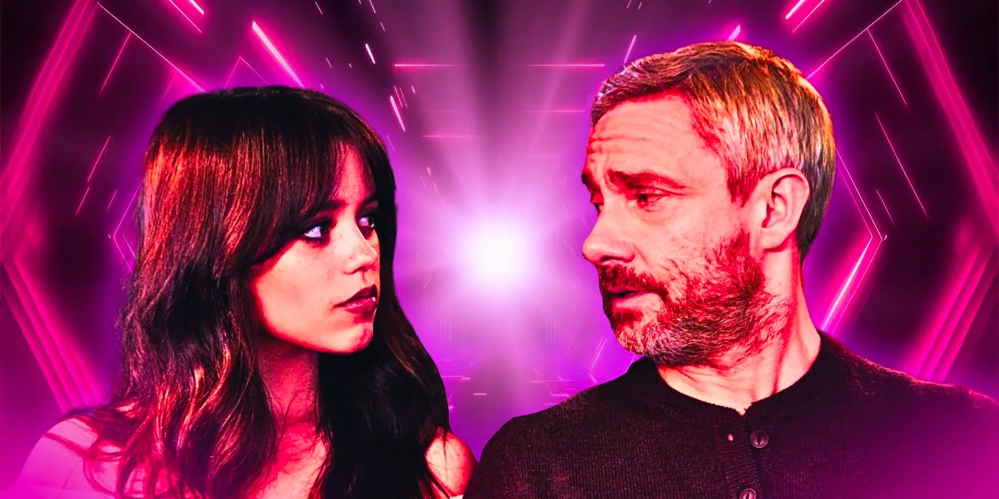 This custom image shows Mr. Miller and Cairo from Miller's Girl looking at each other in front of a pink background. Image