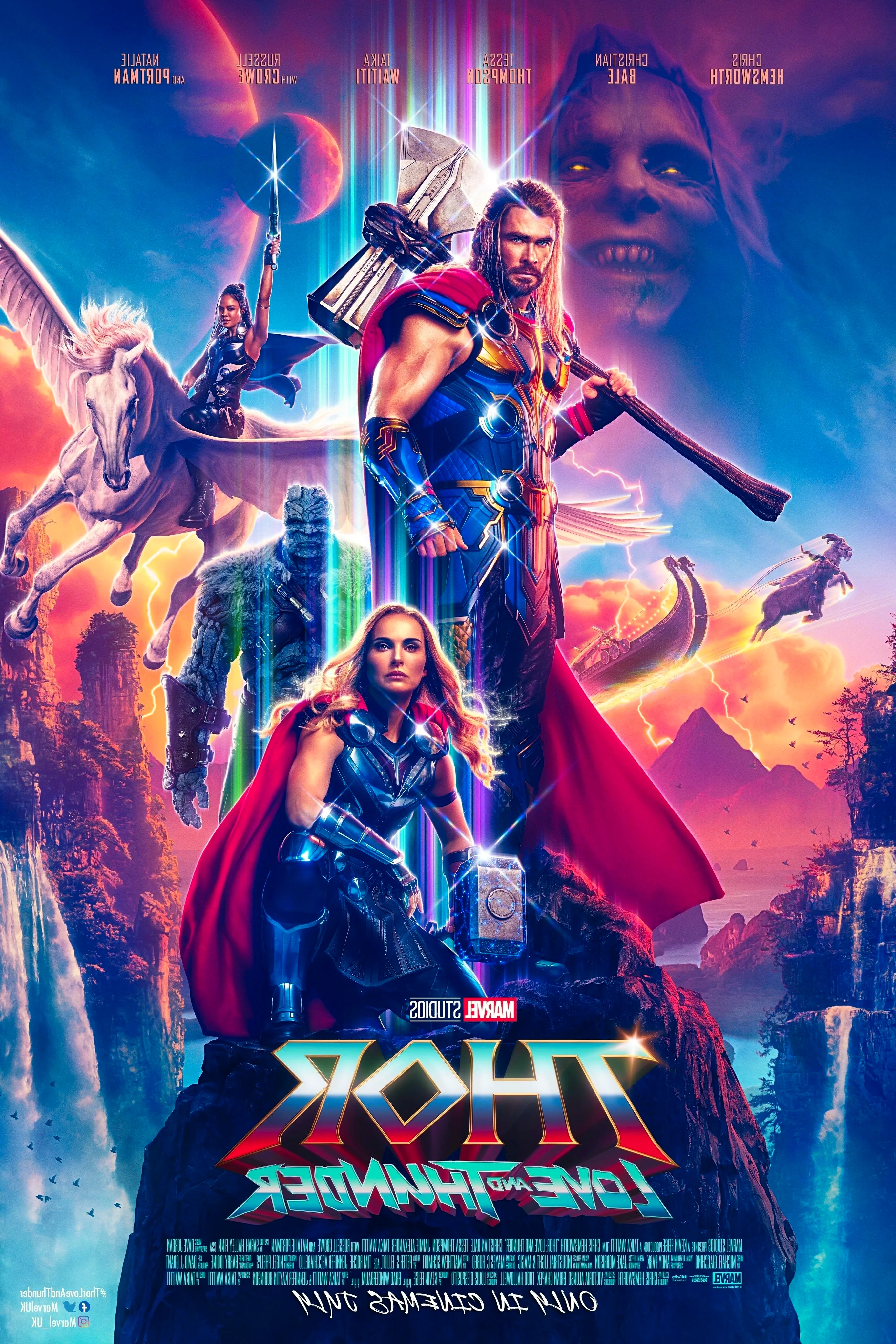 Thor Love and Thunder Poster depicting the primary cast over a waterfall Image