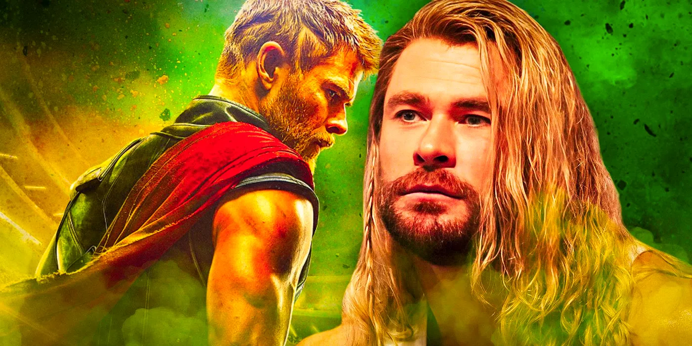 Thor, played by Chris Hemsworth, as he appears in Love and Thunder (foreground) and Ragnarok (background) Image