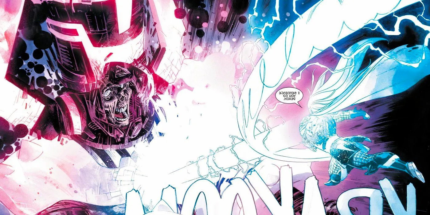 Thor throwing Mjolnir at Galactus' chest, killing him. Image