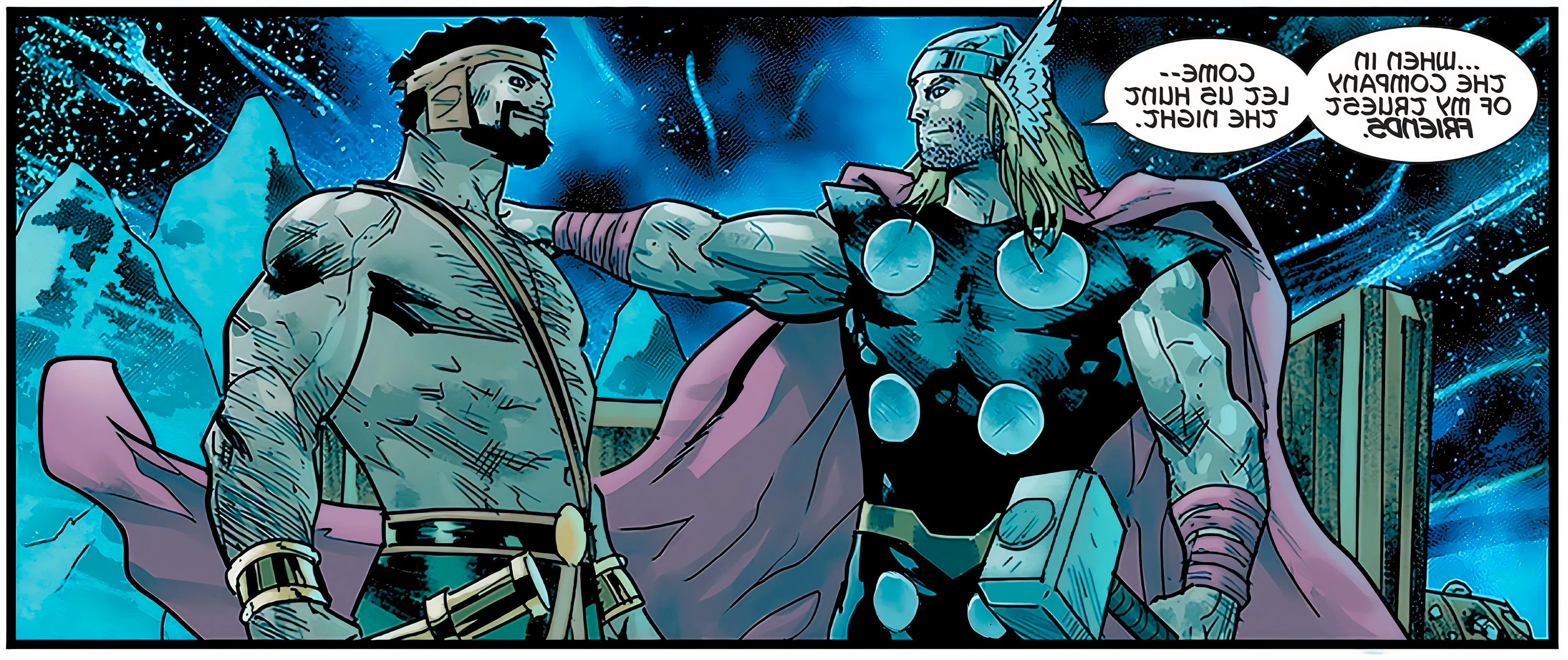 Thor with his hand on Hercules' shoulder, telling him he is one of his 