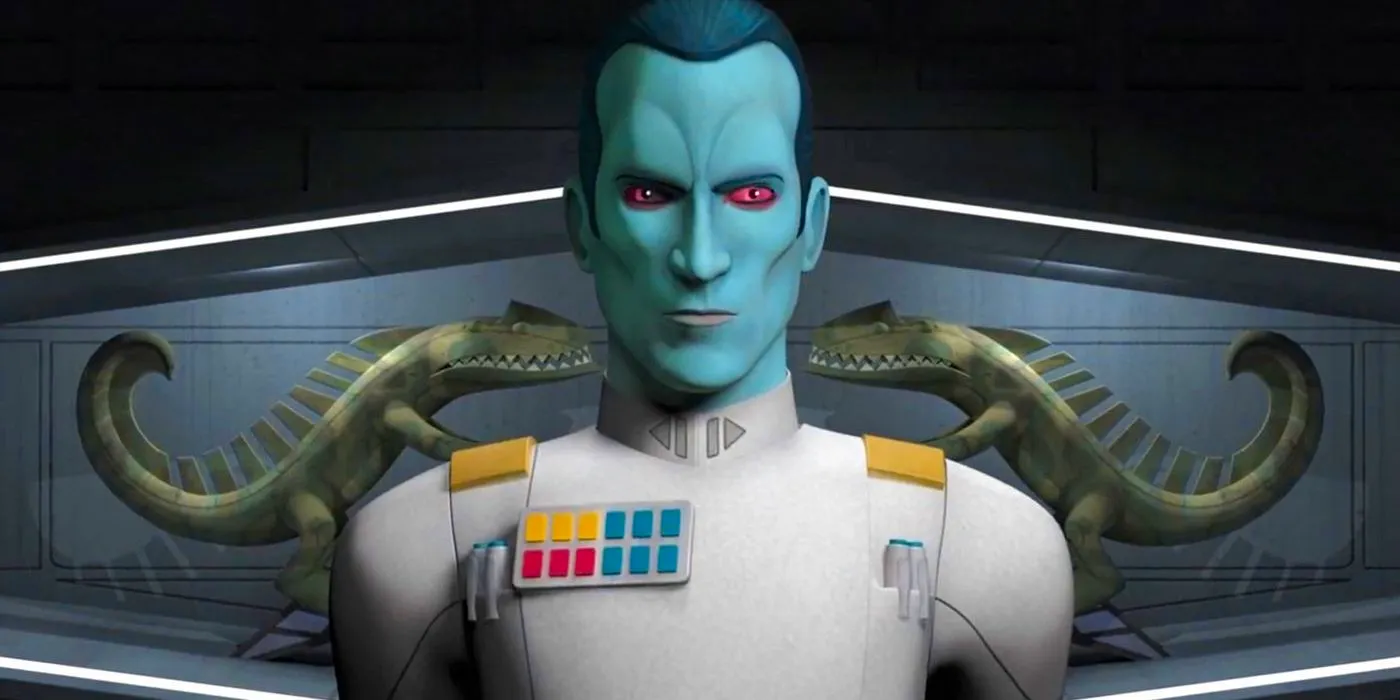 Thrawn from Star Wars Rebels standing in front of Ysalamiri sculptures Image