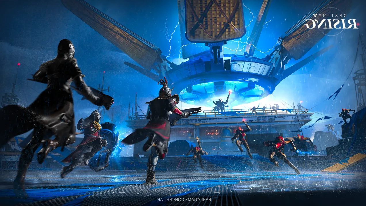 Three characters with guns running towards a metal construct, with enemies in the way in Destiny: Rising. Image