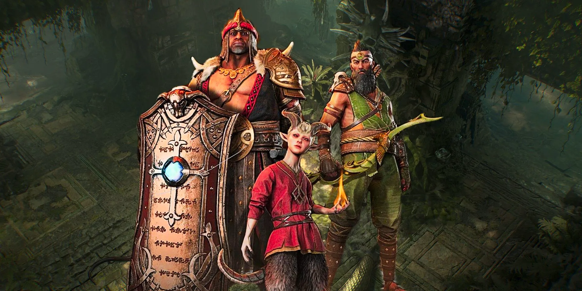 Three Diablo 4 characters standing in front of a jungle background from Vessel of Hatred. Image