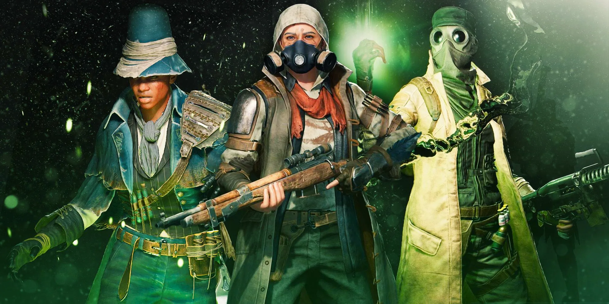 Three Remnant 2 archetypes lined up side-to-side in front of a green glowing background. The goggle-wearing medic, the gas mask-wearing hunter, and the Phrygian cap-wearing alchemist. Image