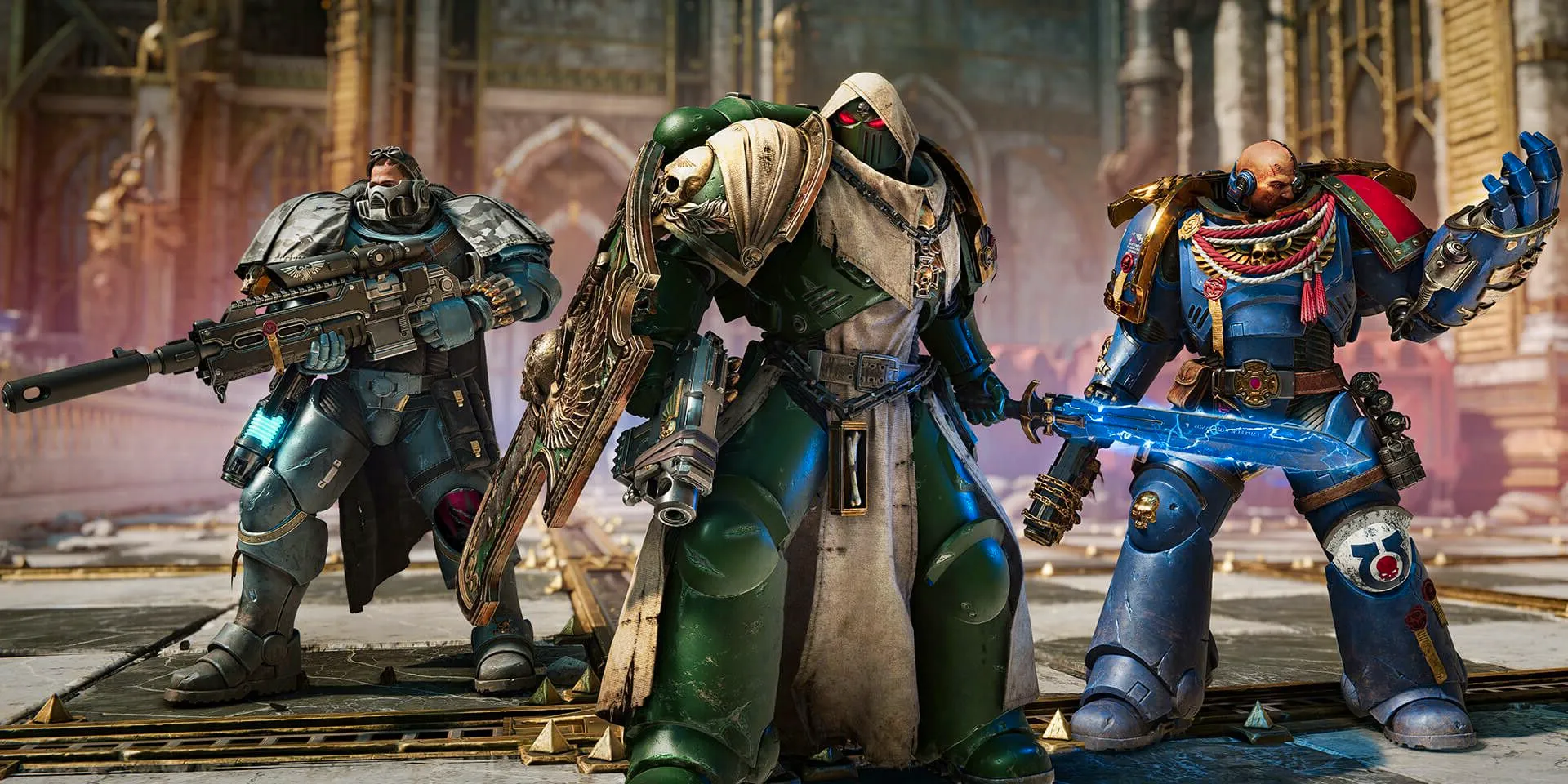 Three Space Marines in varying types of armor stand side-by-side in a screenshot from Warhammer 40K Space Marine 2. Image