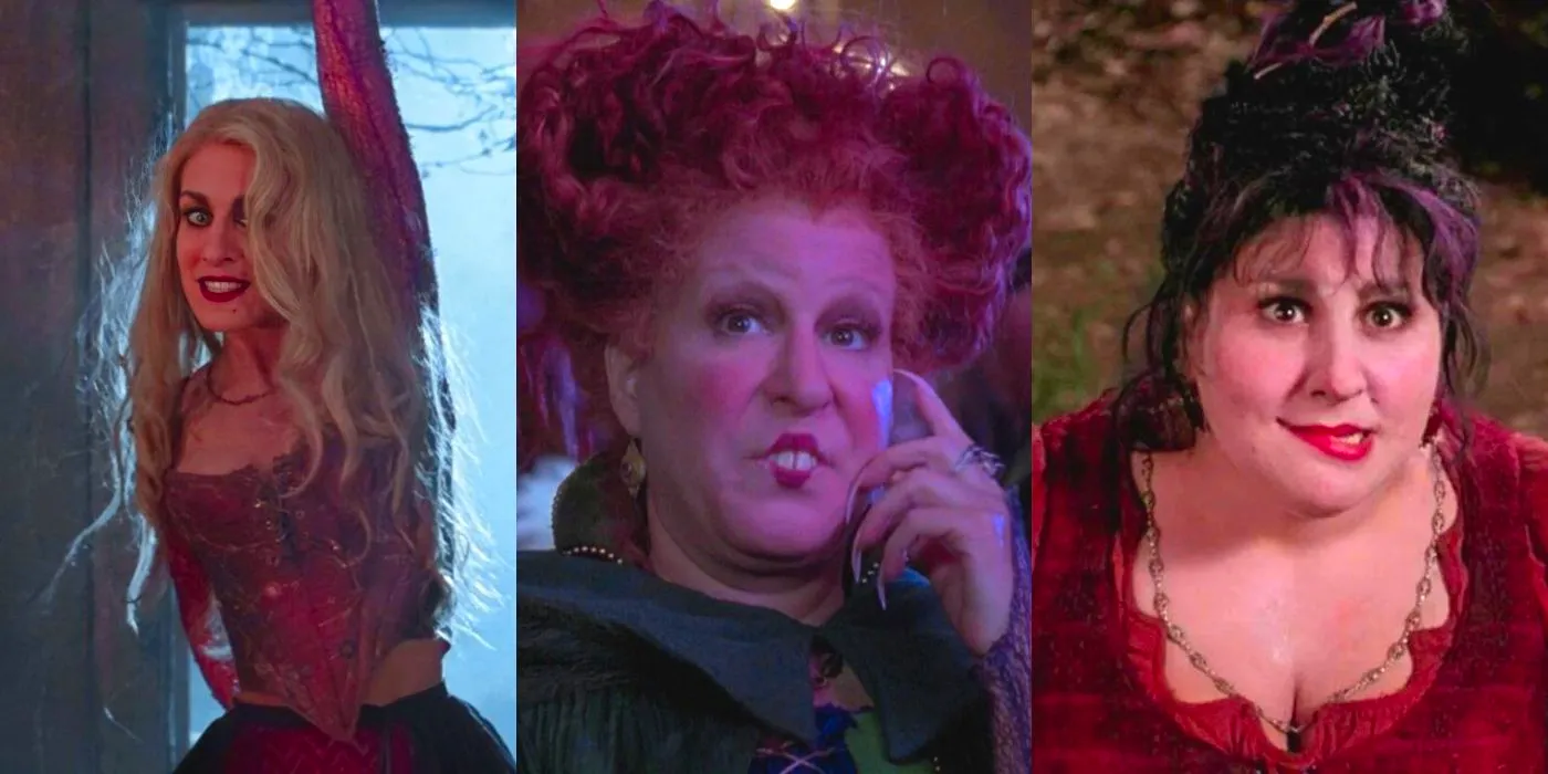 Three split images of the Sanderson sisters in different scenes of Hocus Pocus Image