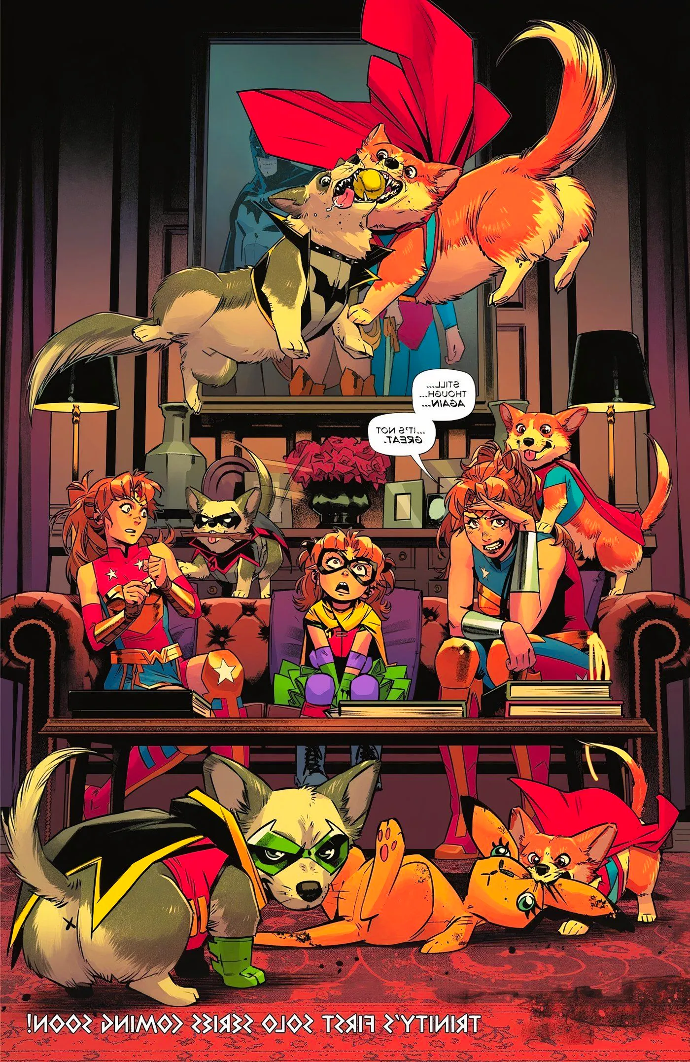 Three variants of Lizzie Prince at different stages of her life look frustrated as they're surrounded by corgi versions of Jon Kent and Damian Wayne Image