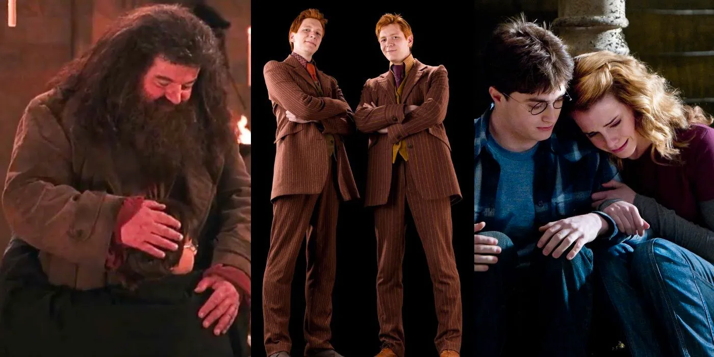 Three vertical images: Hermione crying on Harry's shoulder, Fred and George Weasley wearing a matching brown suit standing side by side, Hagrid hugging Harry in Hogwarts Image