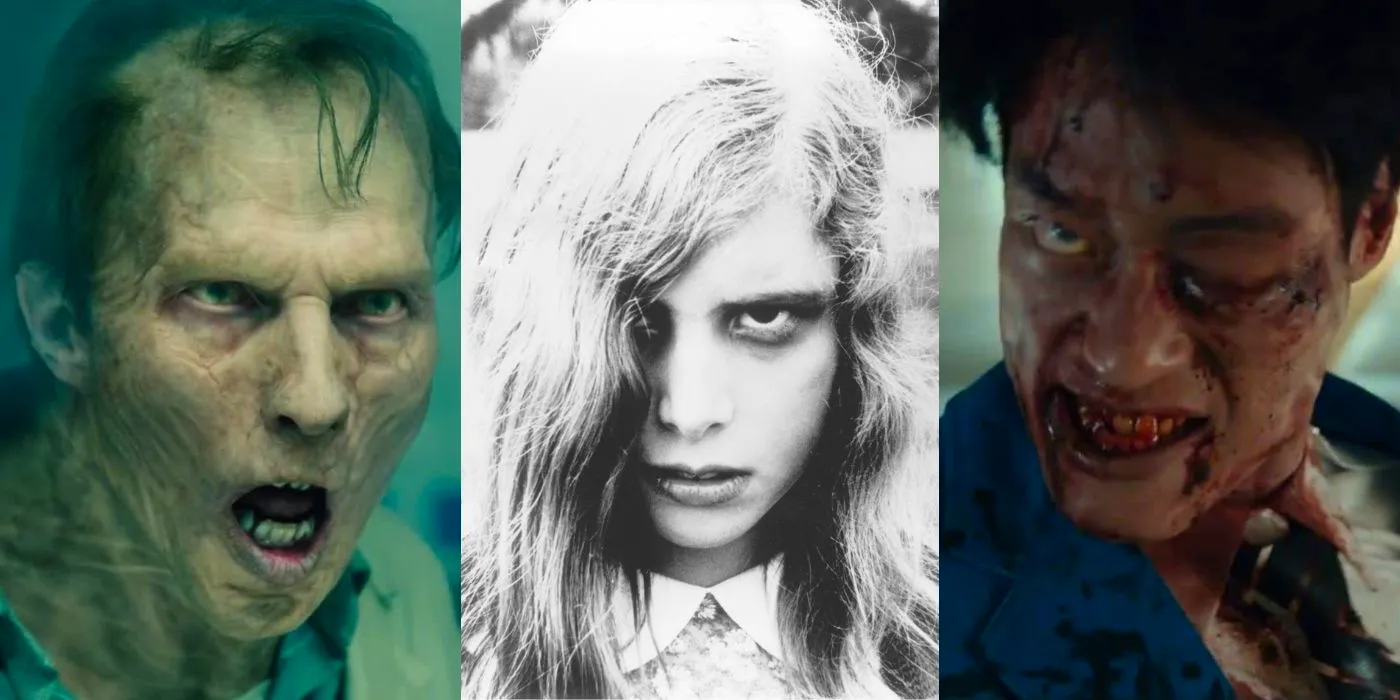 Three vertical images of zombie from popular zombie films: train to busan, night of the living dead and world war z Image