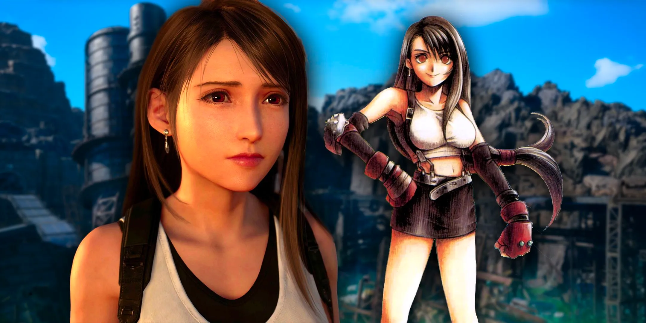 Tifa Lockhart original FF7 art next to the character as depicted in FF7 Rebirth. Image