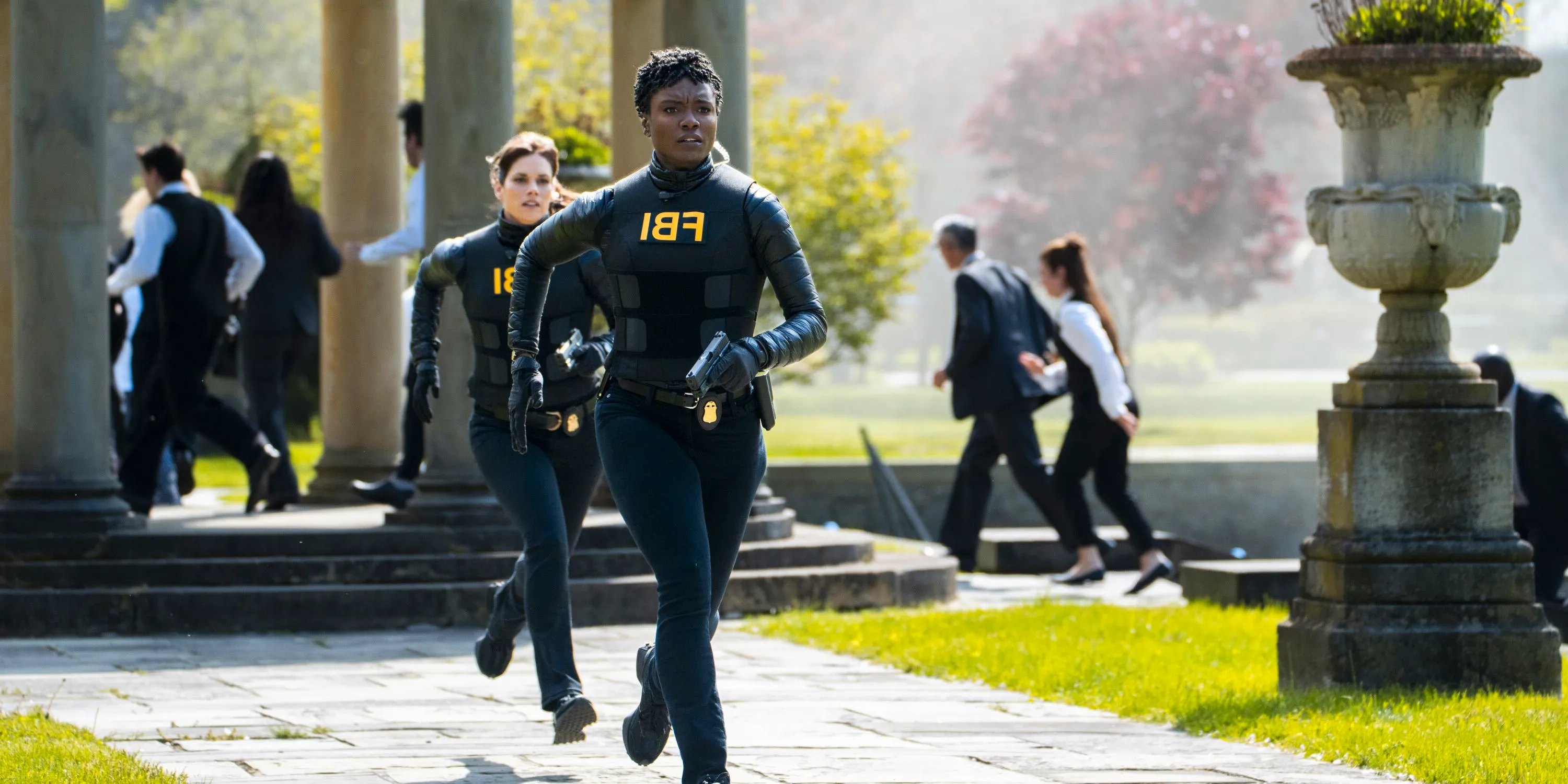 Tiffany (Katherine Renee Turner) and Maggie running in the season 6 finale of FBI. Image