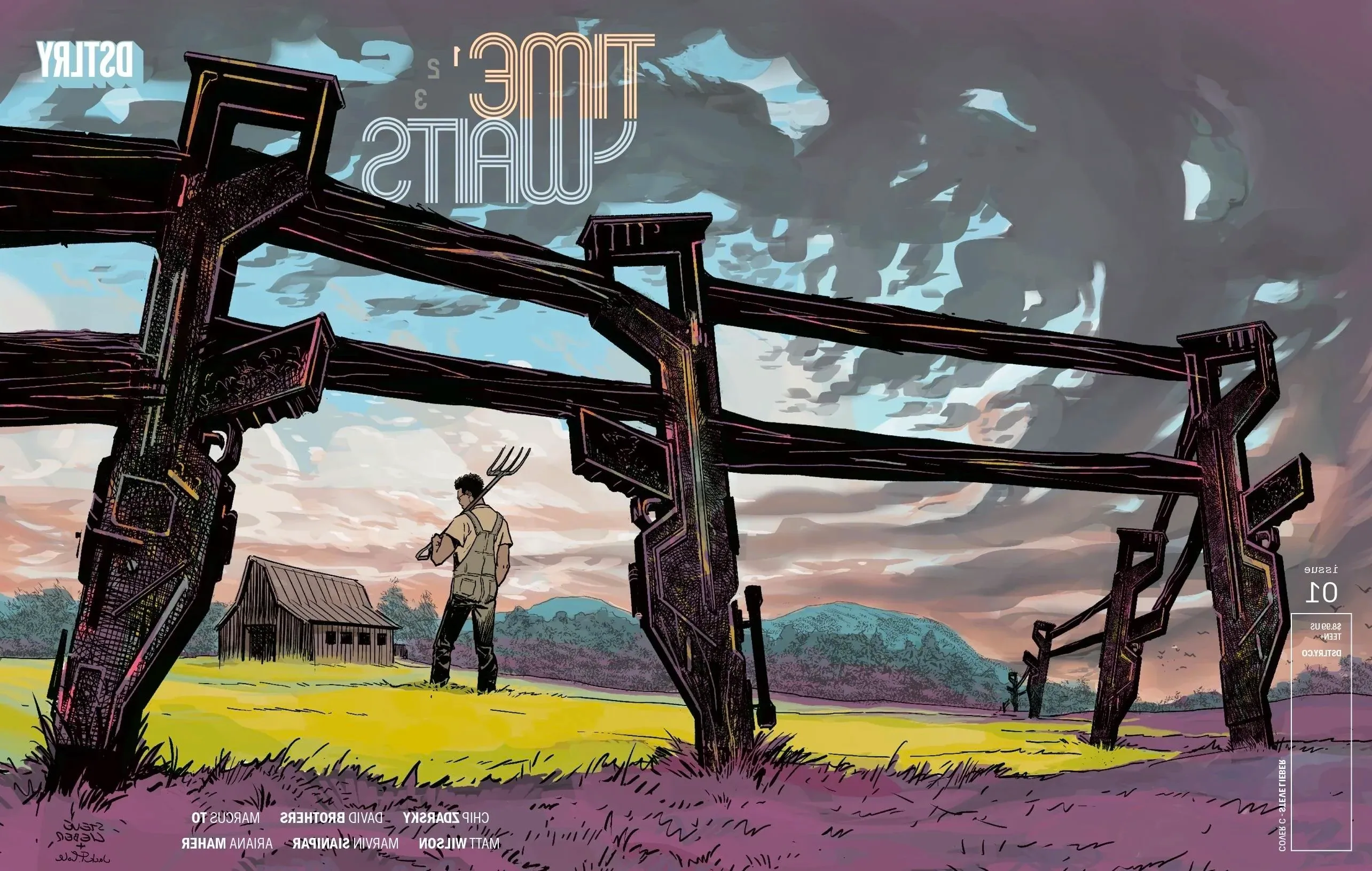 Time Waits 1 Lieber Variant Cover: a man with a rake in a field surrounded by a fence made of guns. Image