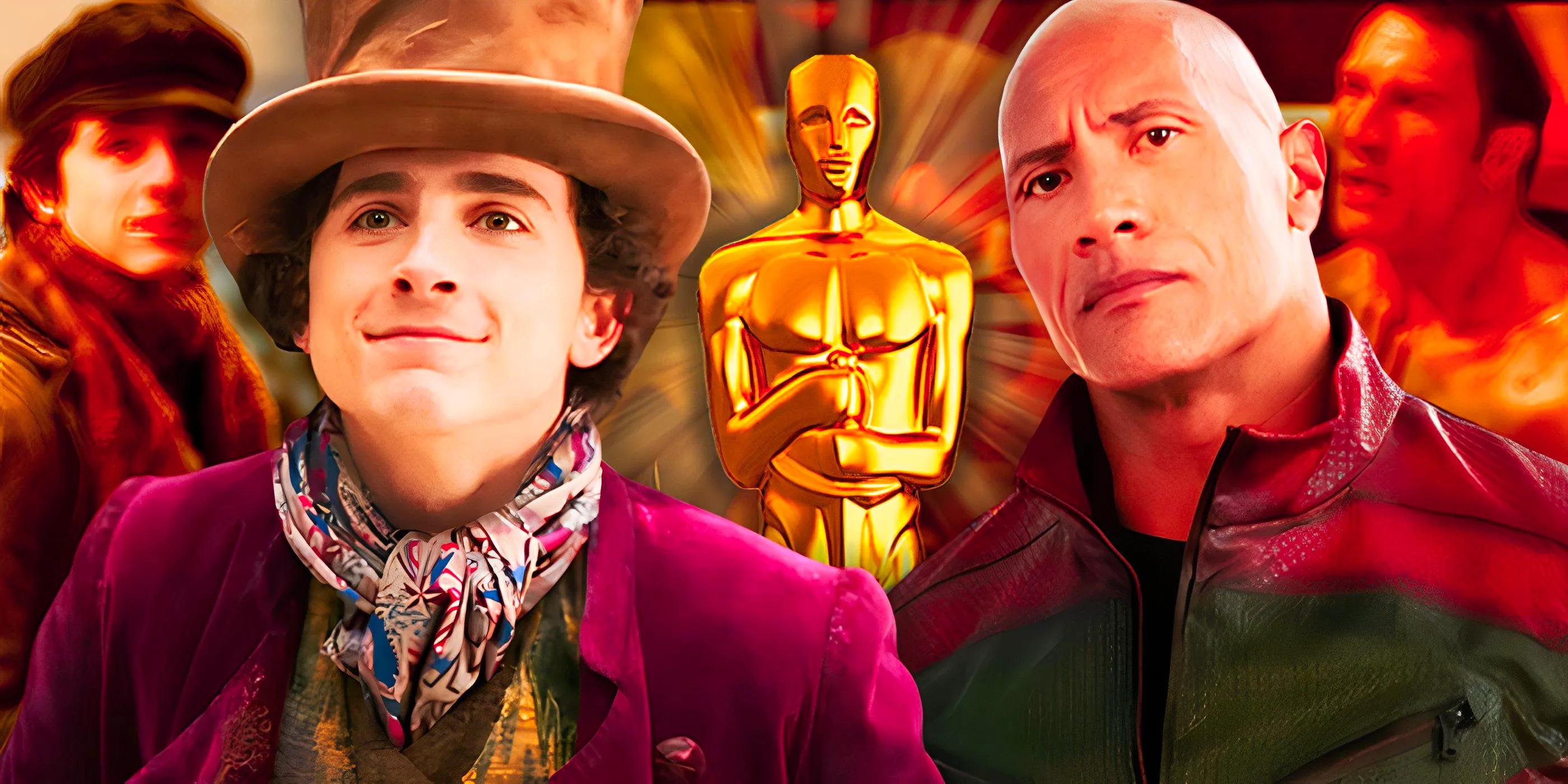 Timothee Chalamet and The Rock with Oscar behind them for upcoming A24 movies Image