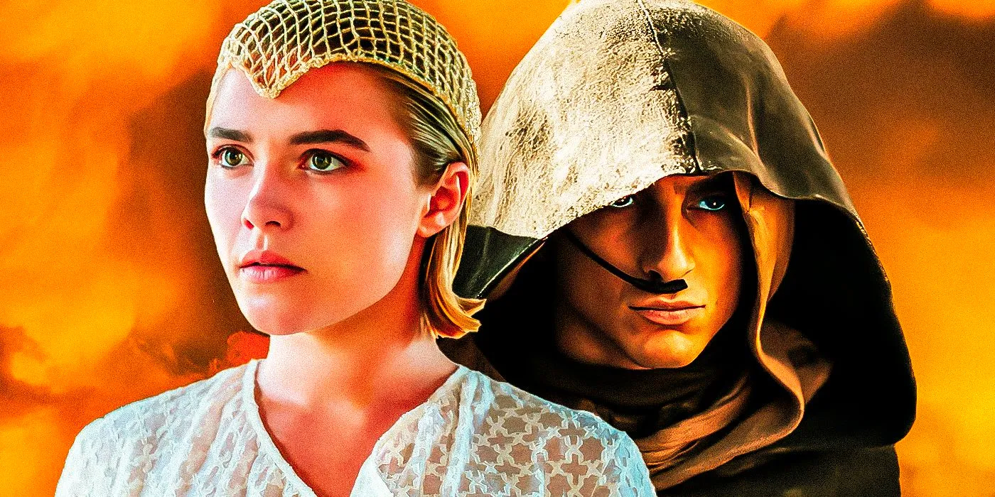 Timothee Chalamet as Paul Atreides and Florence Pugh as Princess Irulan  Image