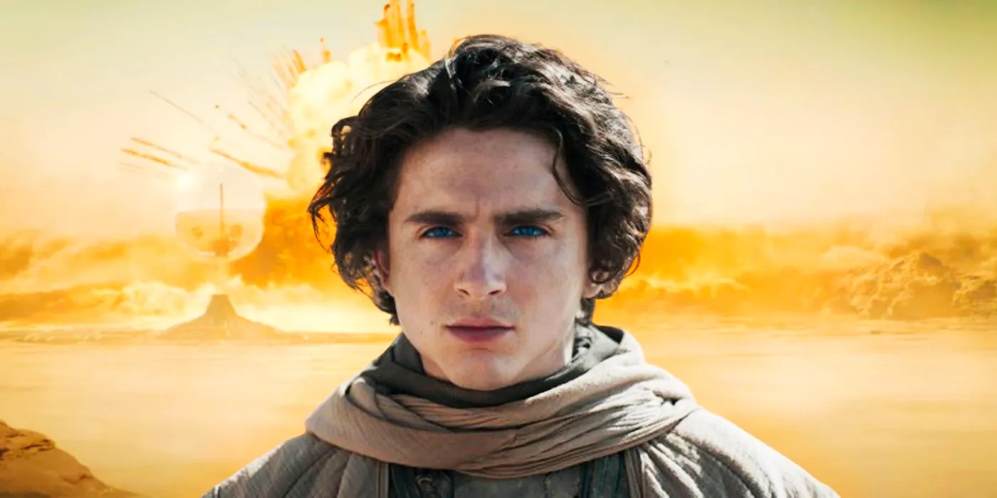 Timothée Chalamet as Paul Atreides in front of a massive explosion in Dune Part Two Image