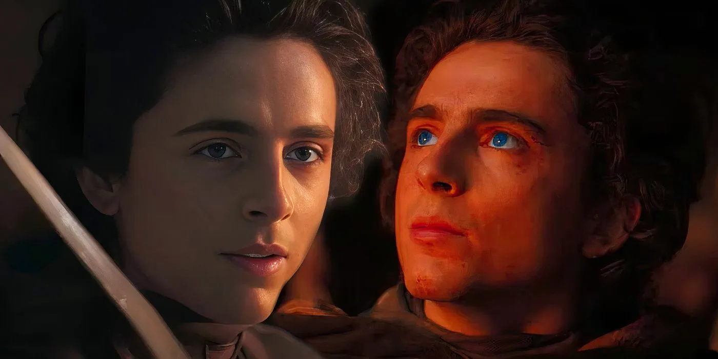 Timothee Chalamet as Paul Atreides Looking Up with Blue Eyes next to Paul holding a crysknife in Dune Part Two Image