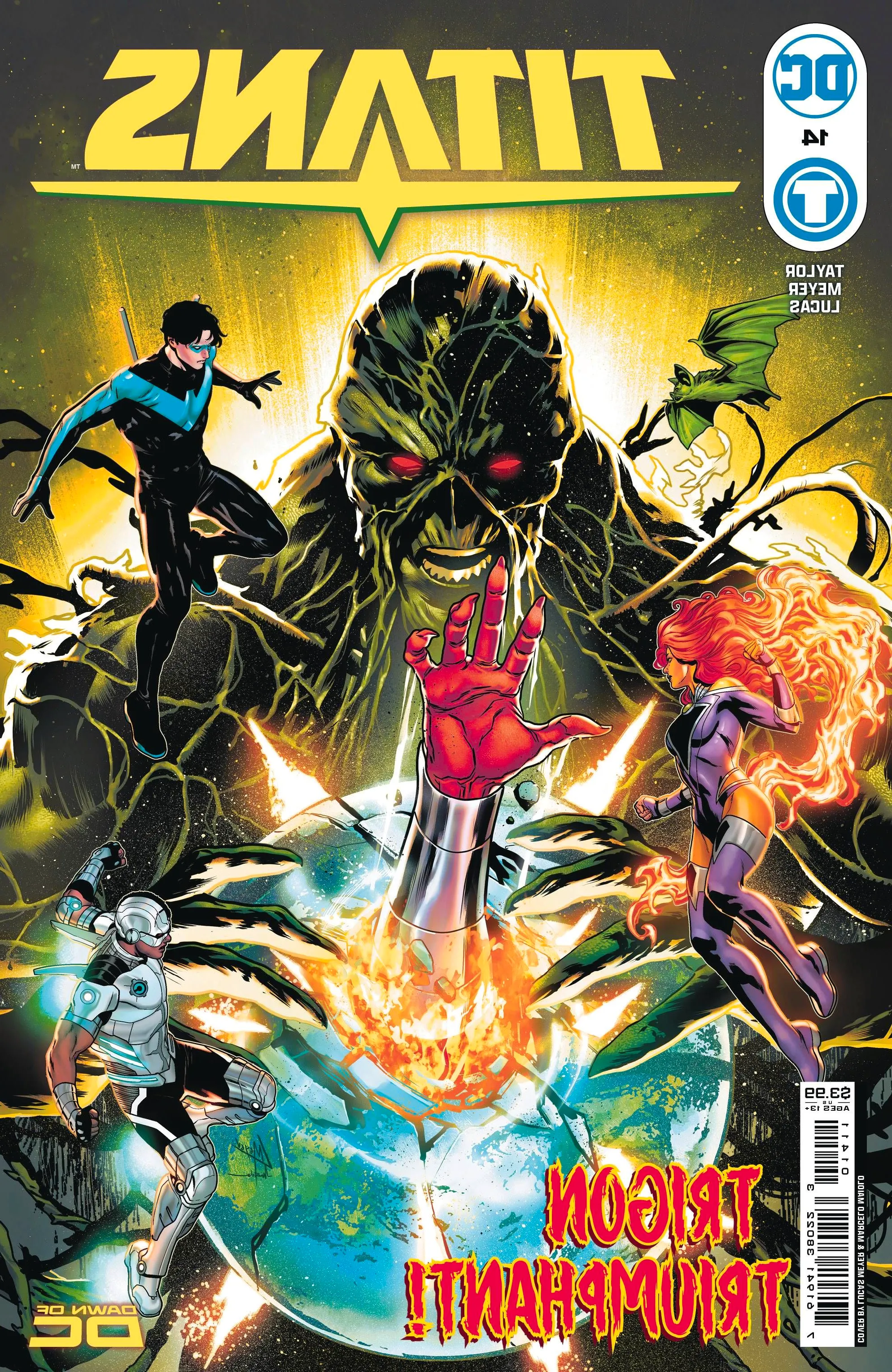 Titans 14 Main Cover: the Titans and Swamp Thing prepare to stop a demon emerging from the Earth. Image