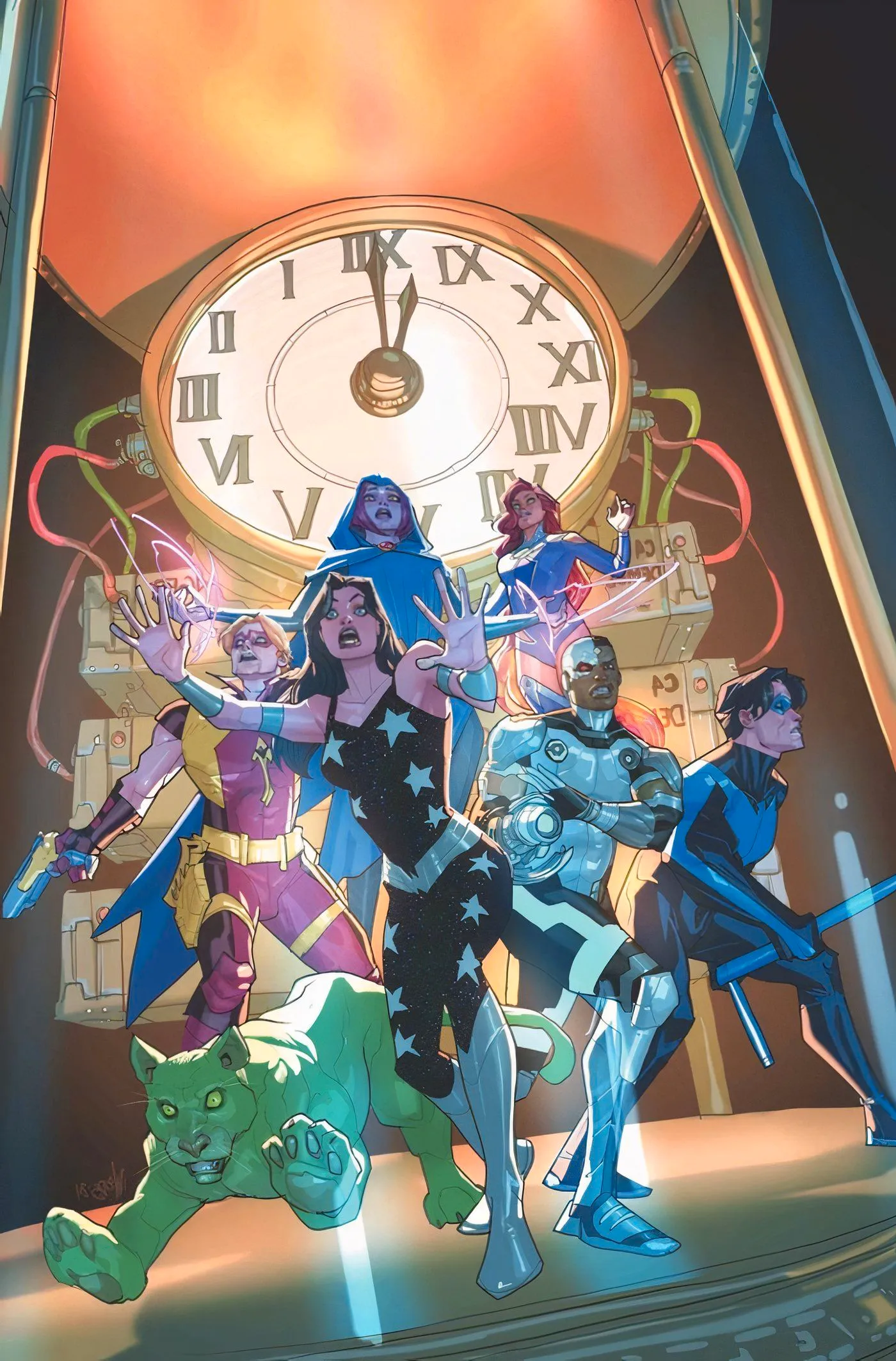 Titans 17 Main Cover: Donna Troy, Nightwing, and the Teen Titans pose in front of a massive clock. Image