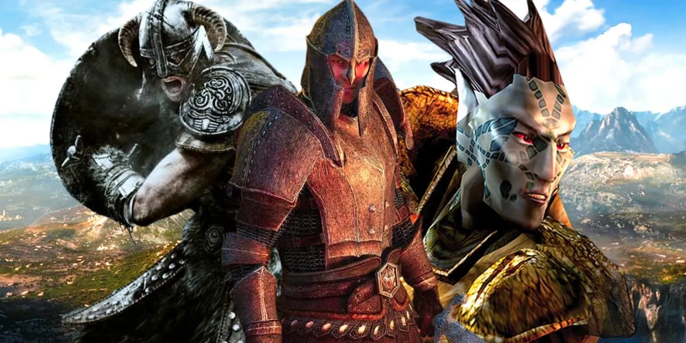 Title characters from Morrowind, Oblivion, and Skyrim on the background of TES6. Image