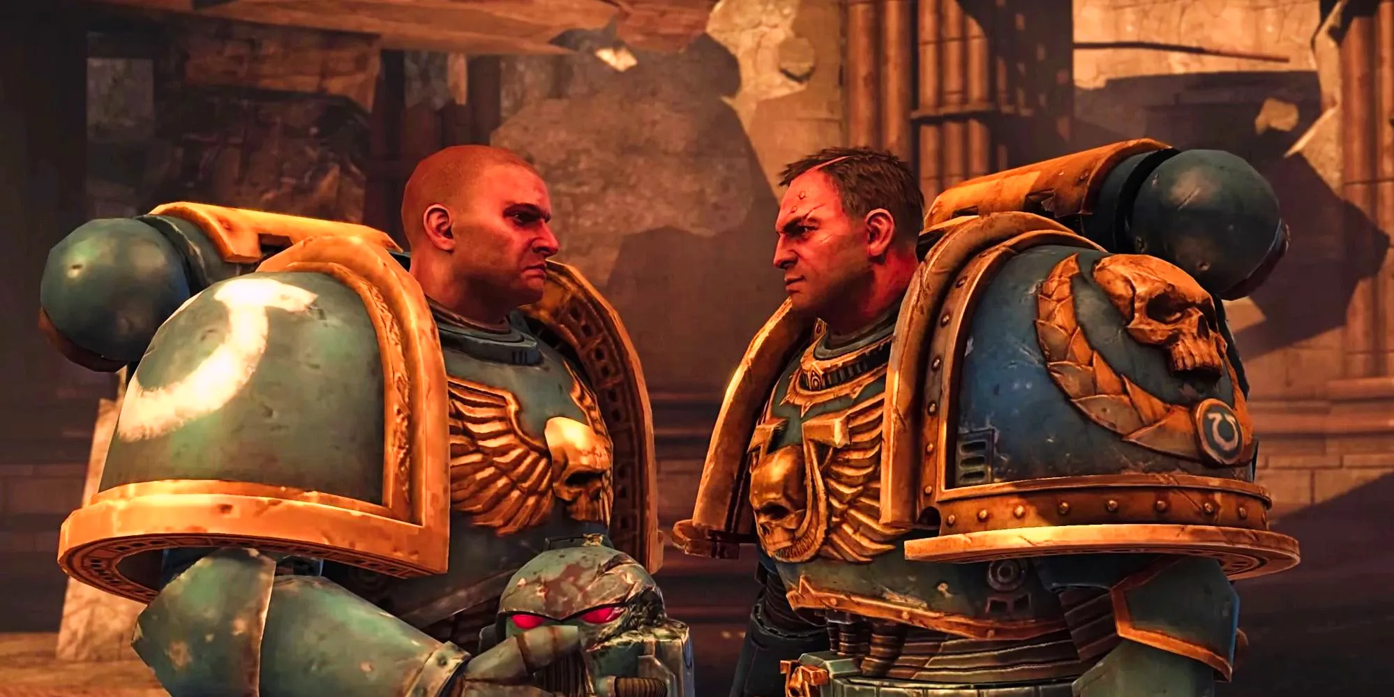 Titus and Leandros stand face-to-face in their power armor, helmets off, in a screenshot from the original Space Marine. Image