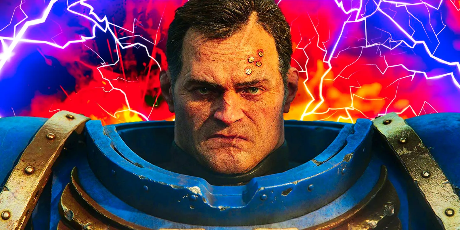 Titus from Space Marine 2 facing the camera with electricity and fire behind him. Image