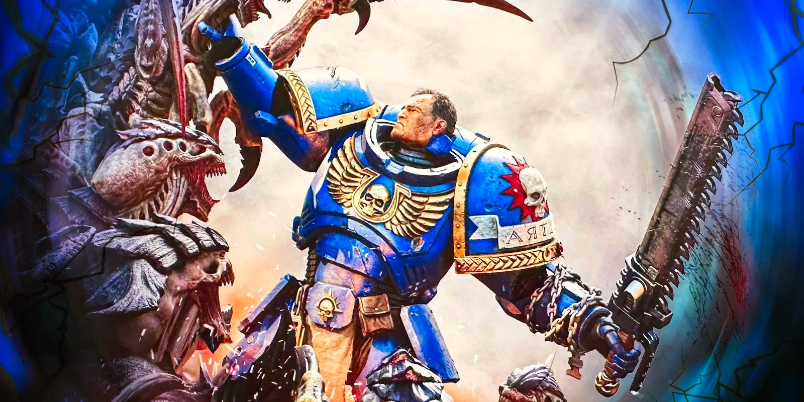 Titus from Warhammer 40K: Space Marine 2 fighting a group of Tyrannies with a Chainsword. Image