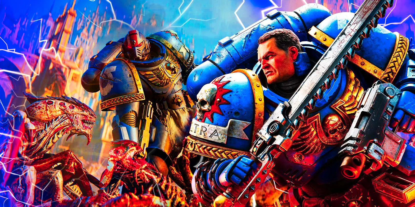 Titus holding a chainsword and pistol on the left with a space marine fighting Tyranids on the right from Warhammer 40,000: Space Marine 2. Image