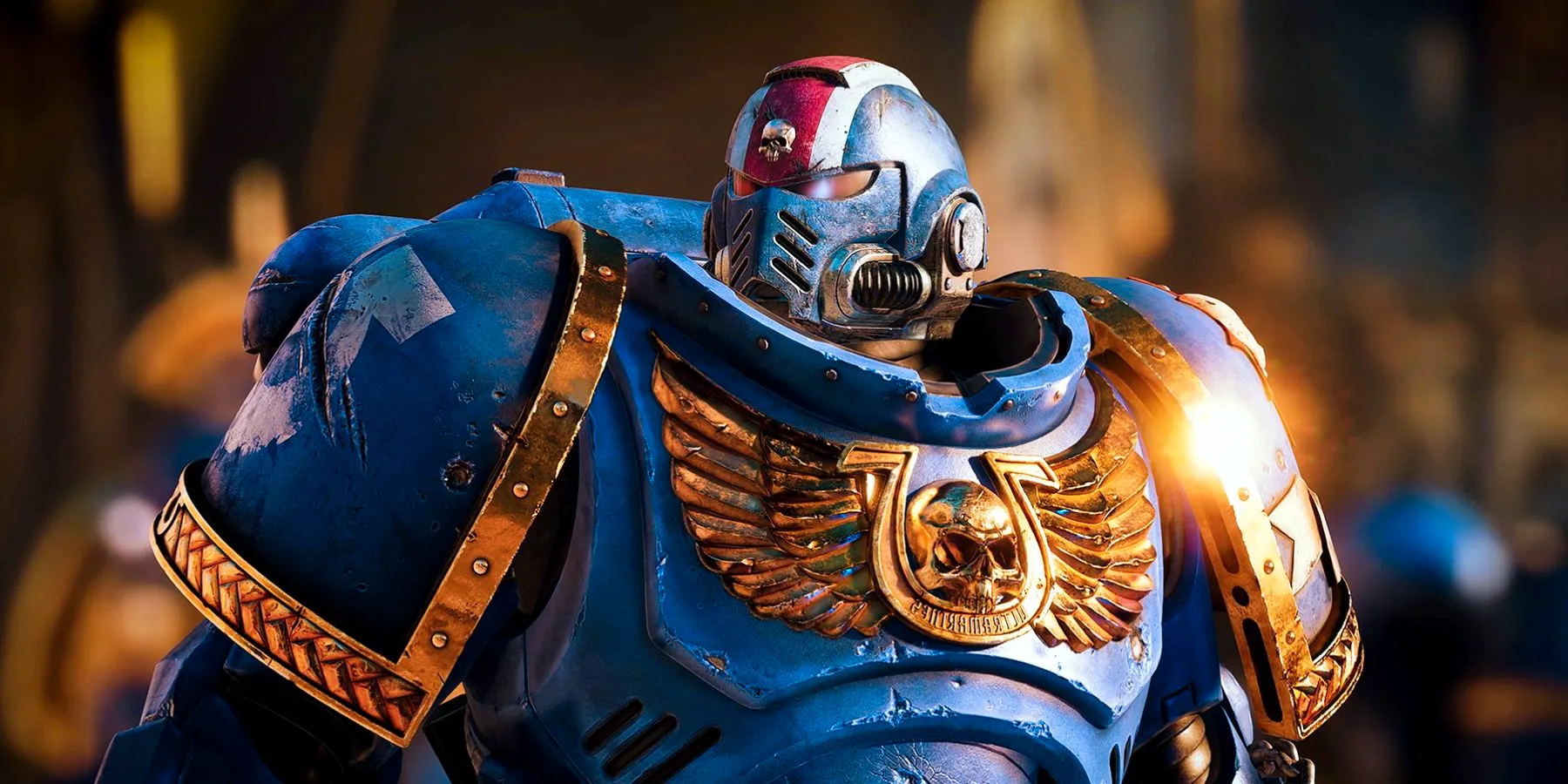 Titus in his armor and helmet in Warhammer 40K: Space Marine 2. Image